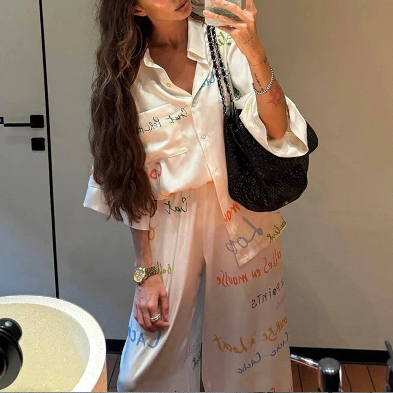Summer Loose Soft Commute Two Piece Sets Elegant Lady High Waist Pants Set Casual Lapel Long Sleeve Printed Shirts And Pants Set