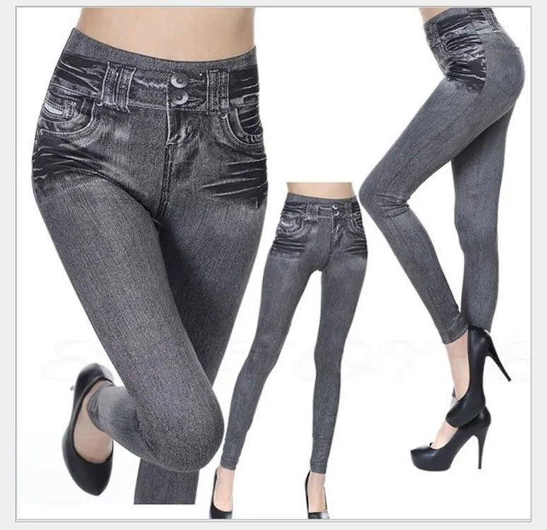 1pcs Women's Denim Print Leggings Females Fashion Slim Leggings Faux
