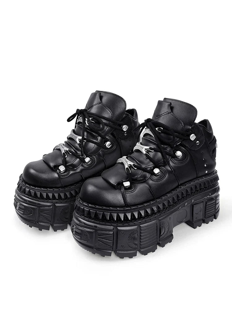 2025 Woman Sneakers New Punk Style Women Shoes Gothic Ankle Rock Boots Lace-up Heel Height Platform Shoes Woman Metal Decor