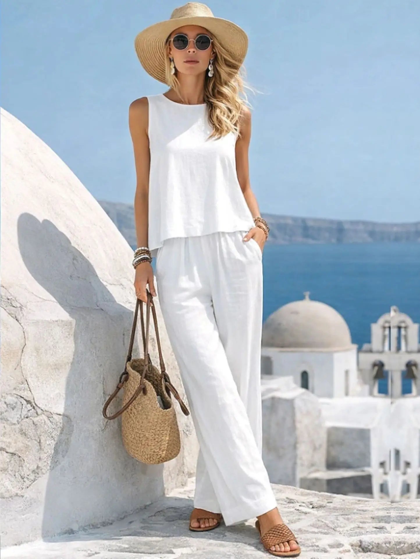  Women Vacation 2 Piece Outfit Sleeveless Tank Loose Top Pockets Wide Leg Pants Cotton Linen Blend Casual Summer Beach Wear