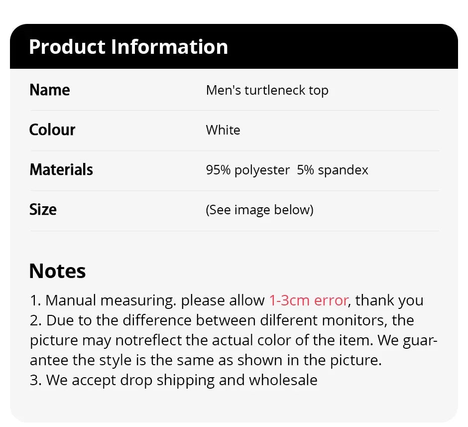 1/3 Pcs Men's White BottoMing Small Turtleneck Shirt In Autumn And Winter Casual Joker Fashion Long Sleeve T-Shirt Teenagers War