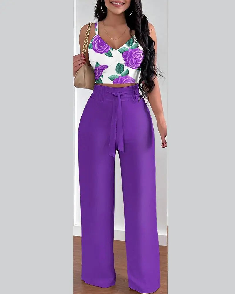 2 Piece Outfits For Women 2025 Sexy V-Neck Strap Shirred Slim Crop Top & Lace-up Wide Leg Pants Sets Elegant Office Lady Suit