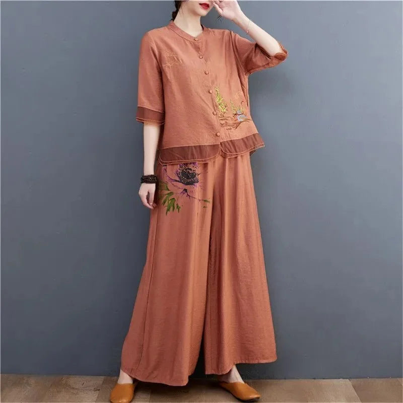Ethnic style Pant Suit Women's Ramie Upper Garment Summer Cotton Linen Cardigan Embroidery Mother's Loose Two-Piece Set Female
