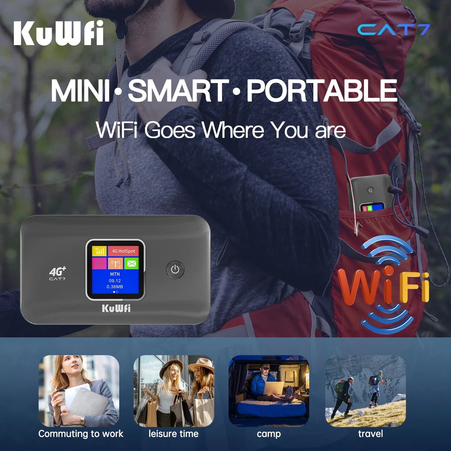 KuWfi MF801 Portable WiFi for Travel | High-Speed Internet|Long-Lasting 3000mAh Battery, Compact & Secure Mifi Router for Use