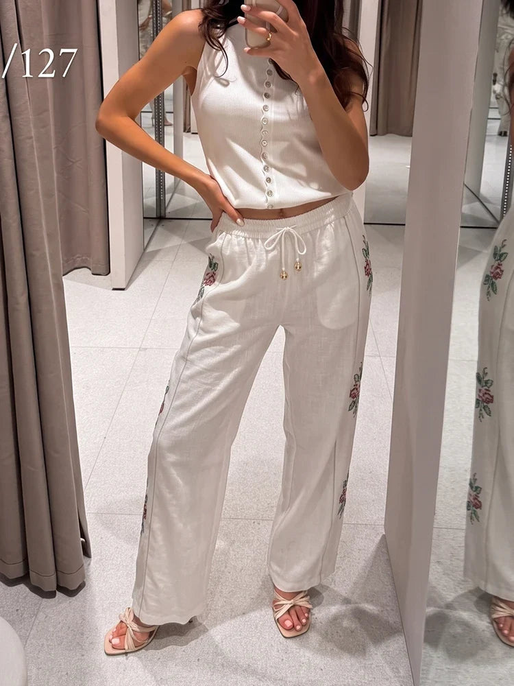 HH Elegant Women's 2026 Floral Embroidered Straight-Leg Pants Spring Autumn Casual Elastic Waist Side Stripe Boho Trousers