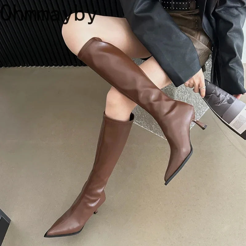 Soft Leather Pointed Toe Knee High Boots High Heels Zipper Women Pumps Ladies Long Stretch Modern Boots