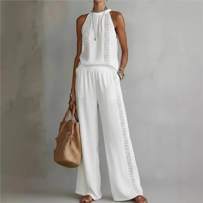 Sexy Halter Neck Sleeveless Tops Women's Suit Summer New Fashion Loose Retro Hollow Lace Pocket Wide Leg Pants 2-piece Set 2026