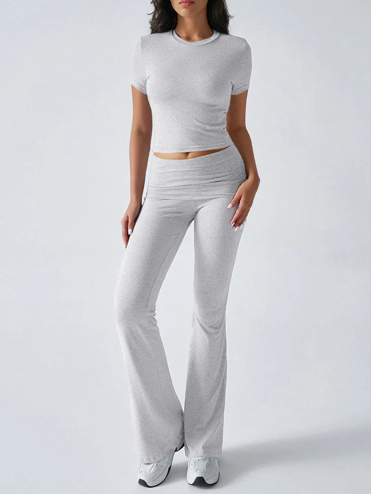 Women's Sexy Tops Suits 2026 Summer Latest Casual Solid Color Yoga Suit Slim Fit Sports Short Sleeved Pants Two-Piece Set Outfit