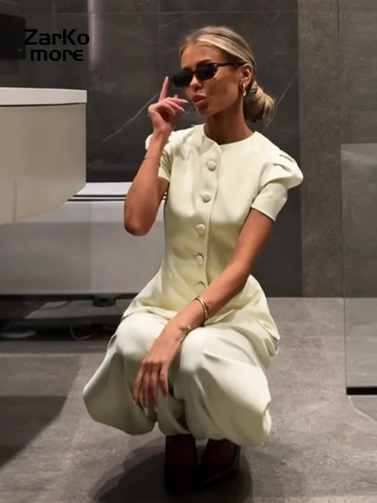 Casual Women's Waist Cinched Blazer Pants Set O-neck Puff Sleeve Shirts Loose Lantern Pant 2026 Summer Lady Chic Commute Suit