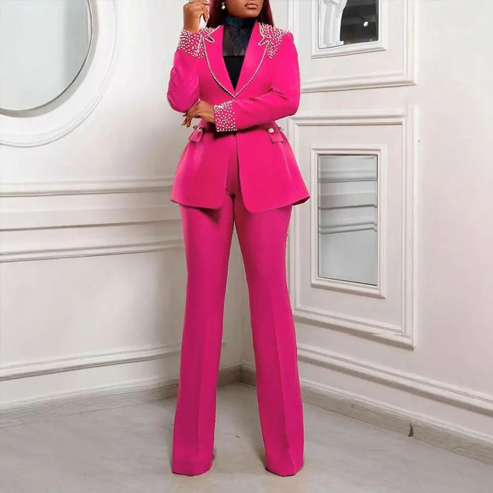 2 Pieces Women's Sets Autumn Winter Long Sleeve Pearl Blazers Suit Tops And Pants Suits Two Piece Set Tracksuit Outfit 2026