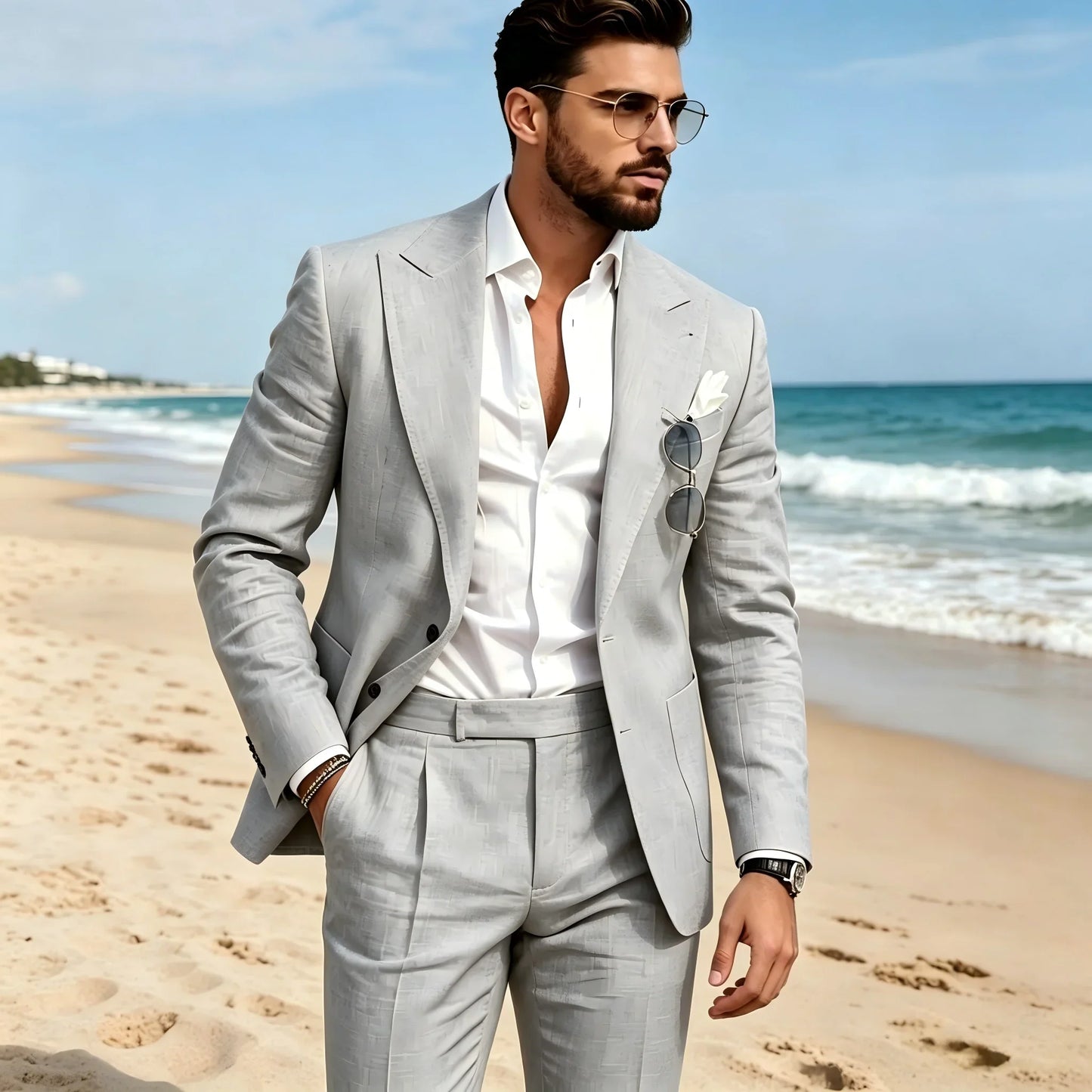 2 Pieces Beige Linen Men Suits Peaked Lapel Slim Fit Blazer Pants