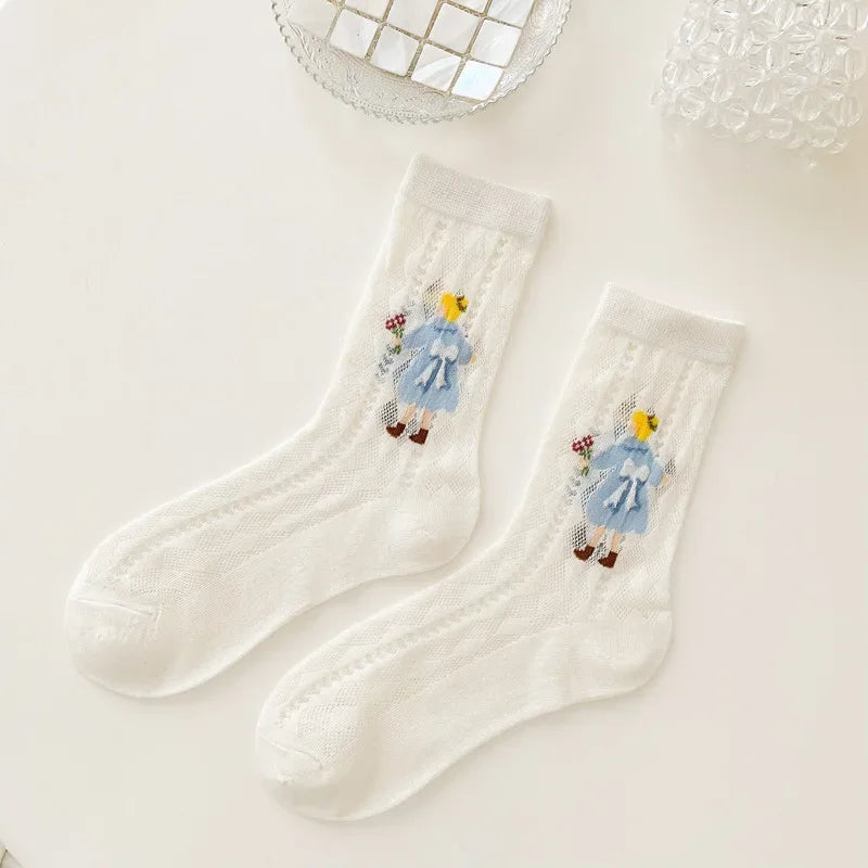 Transparent Crystal Silk Socks Women Fashion Ultra-thin Summer Harajuku Crew Socks Flower Streetwear Elastic Long Mesh Socks