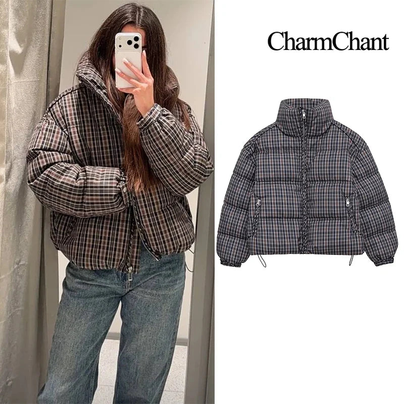 CharmChant Stand-Collar Plaid Puffer Jacket for Women Winter 2025 Padding Coat Female New in Coats Warm  Check Outerwears Parkas