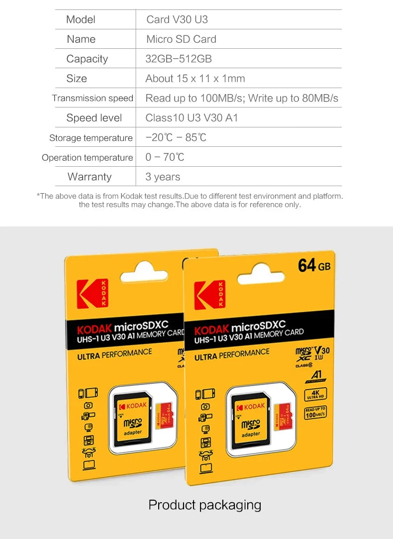 KODAK 128GB Micro SD Card U3 V30 256GB 64GB 32GB 4K High Speed TF Card for Phone Camera Drone Original TYPE-C Reader