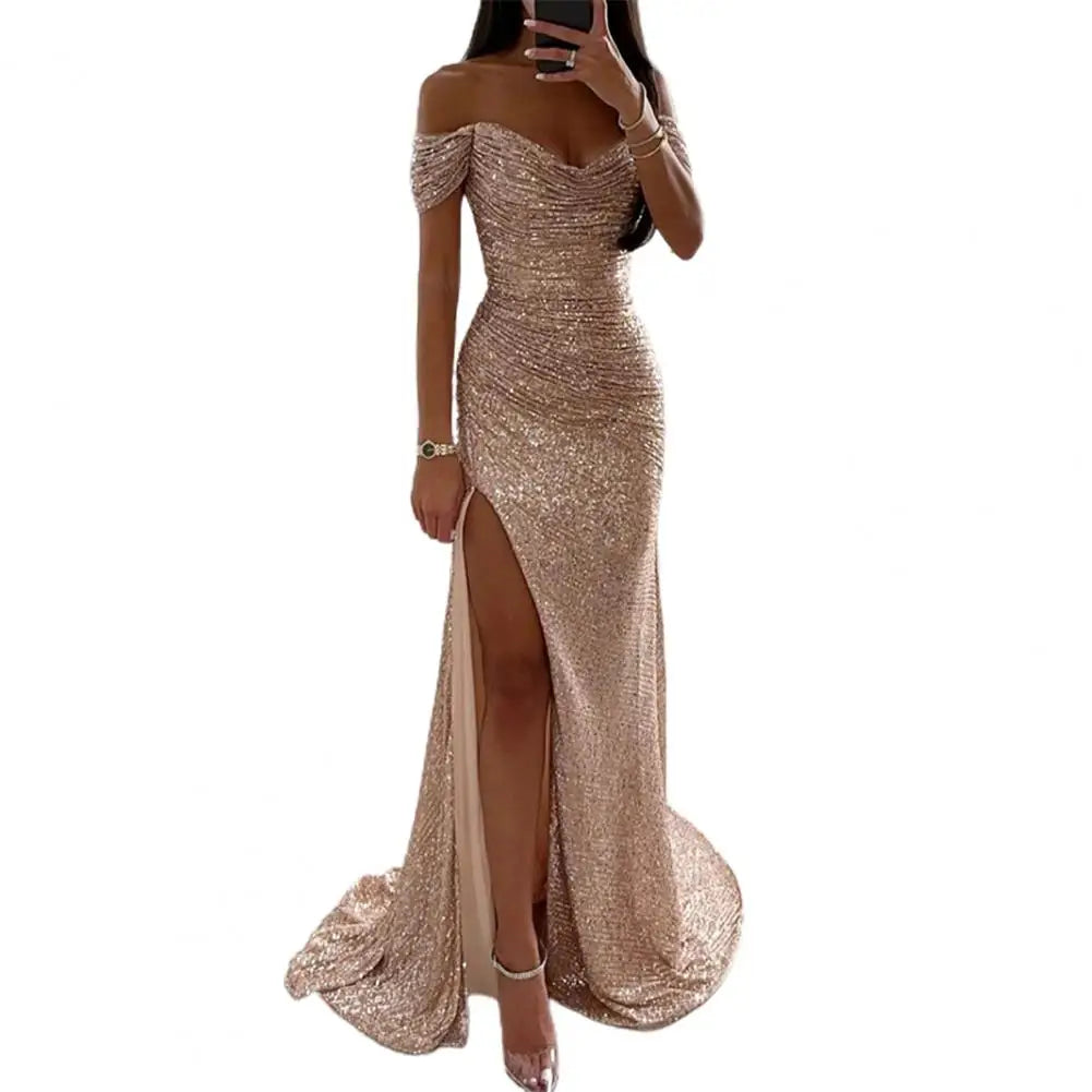 Elegante vestido de noche con cuello en V, hombros descubiertos, maxi vestido con lentejuelas, cintura plisada, ajustado, sexy, con abertura, vestidos largos