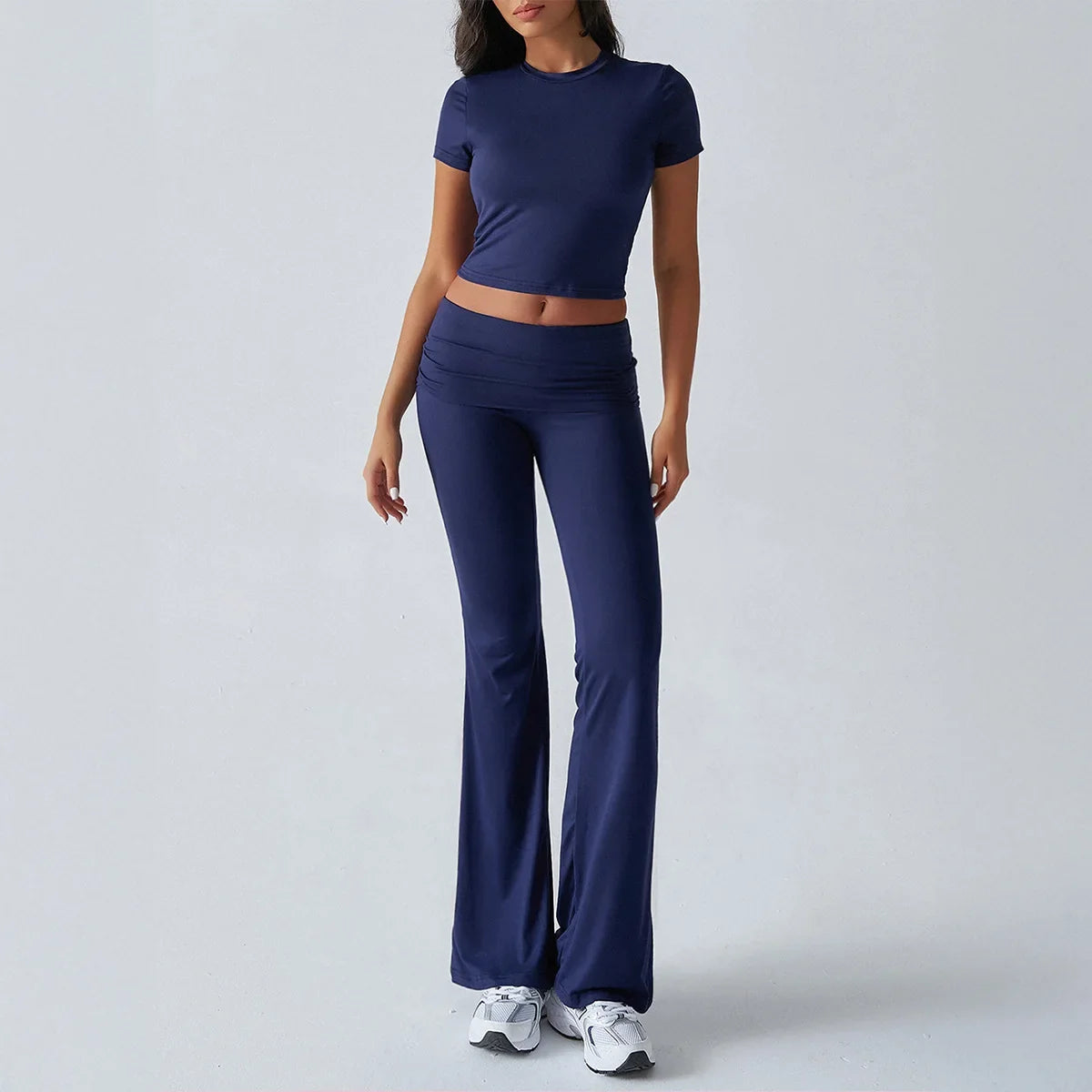 Women Casual Bodycon Two Pieces Set Short Sleeve Crop Top Slim High Waist Running Tracksuit Suit Summer Pants Outfit 2PCS
