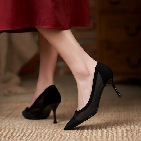 maogu Black Women Pointed Toe High Heel Work Shoes Dot Mesh Vintage Elegant Shallow Stiletto 2023 Spring Summer Thin Heels Pumps
