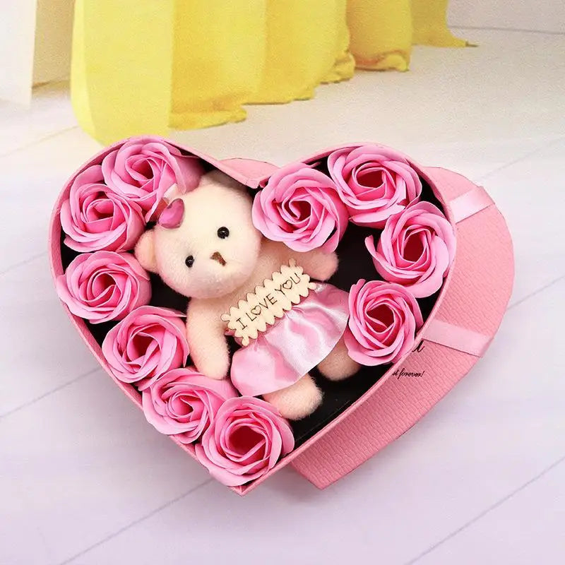 【P】Flower Red Pink Soap Rose Love Gift Box With Bear Valentine's Day Mother's Day Anniversary Gift Wedding Party Decorations