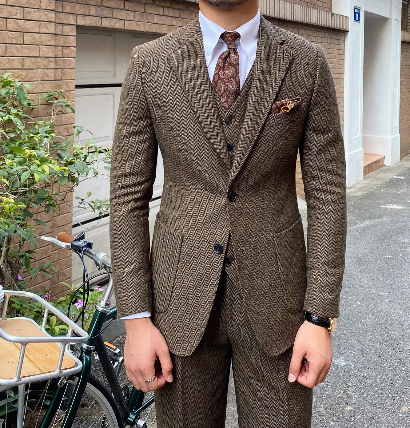 3 Pieces Men's Suits Tweed Herringbone Slim Fit Business Cauasl