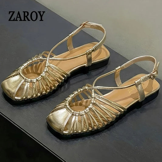 ZAROY Women Flat Sandals Summer Narrow Band Roman Shoes Casual Plus Size Brand Designer Banquet Beach Gladiator Sandalias Zapato