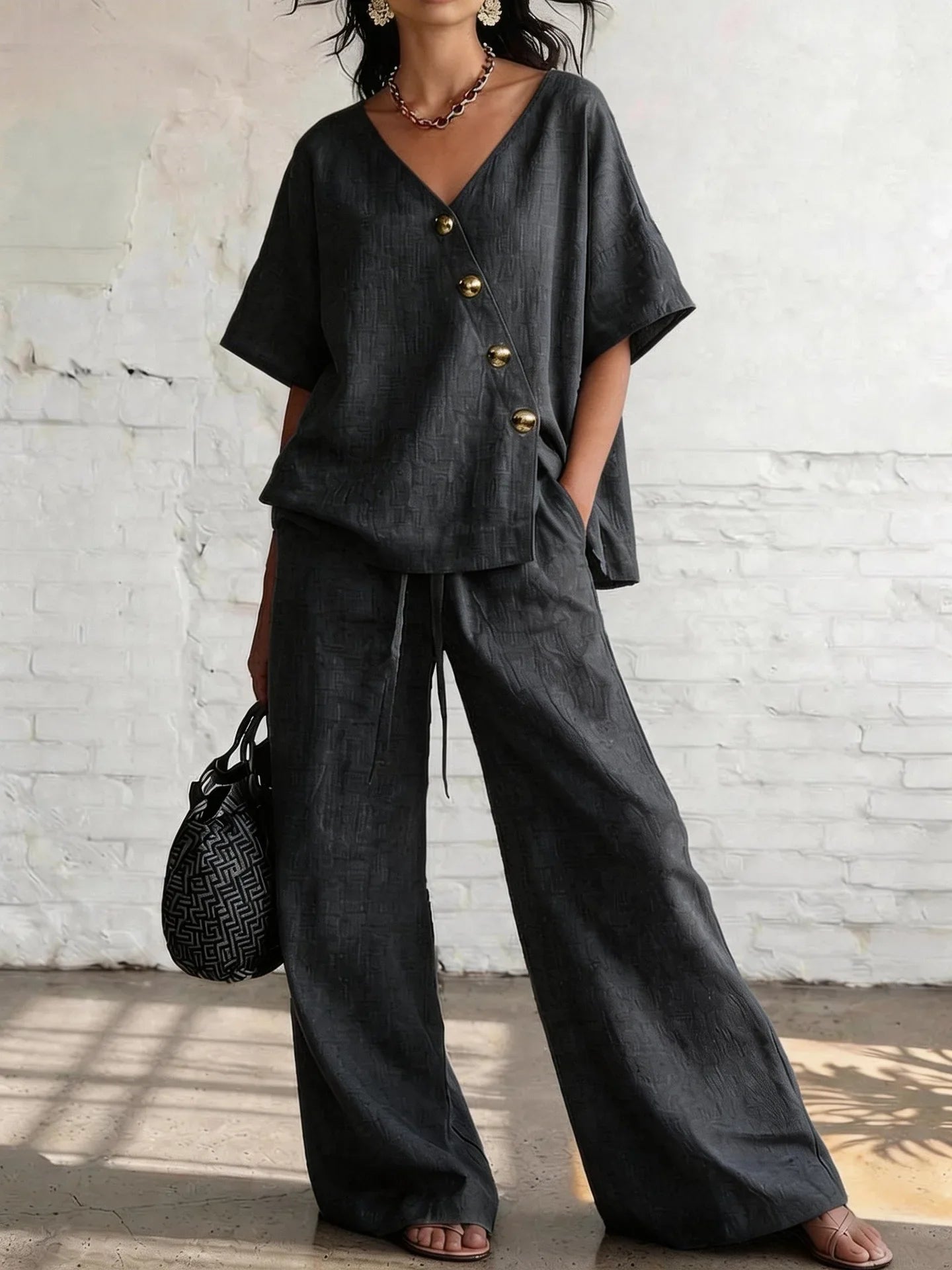 2026 Casual Cotton Loose Pants Sets Women Summer Fashion Short Sleeve V-neck Tops And Wide Leg Pant 2 Piece Set Woman Outfits