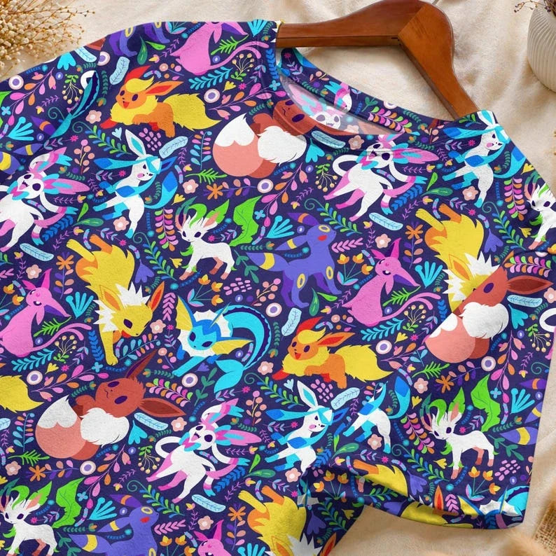 Pok É Mon Eevee Collection Printed Short Sleeves for Spring and Summer Breathable Loose Anime Peripheral Casual T-shirt