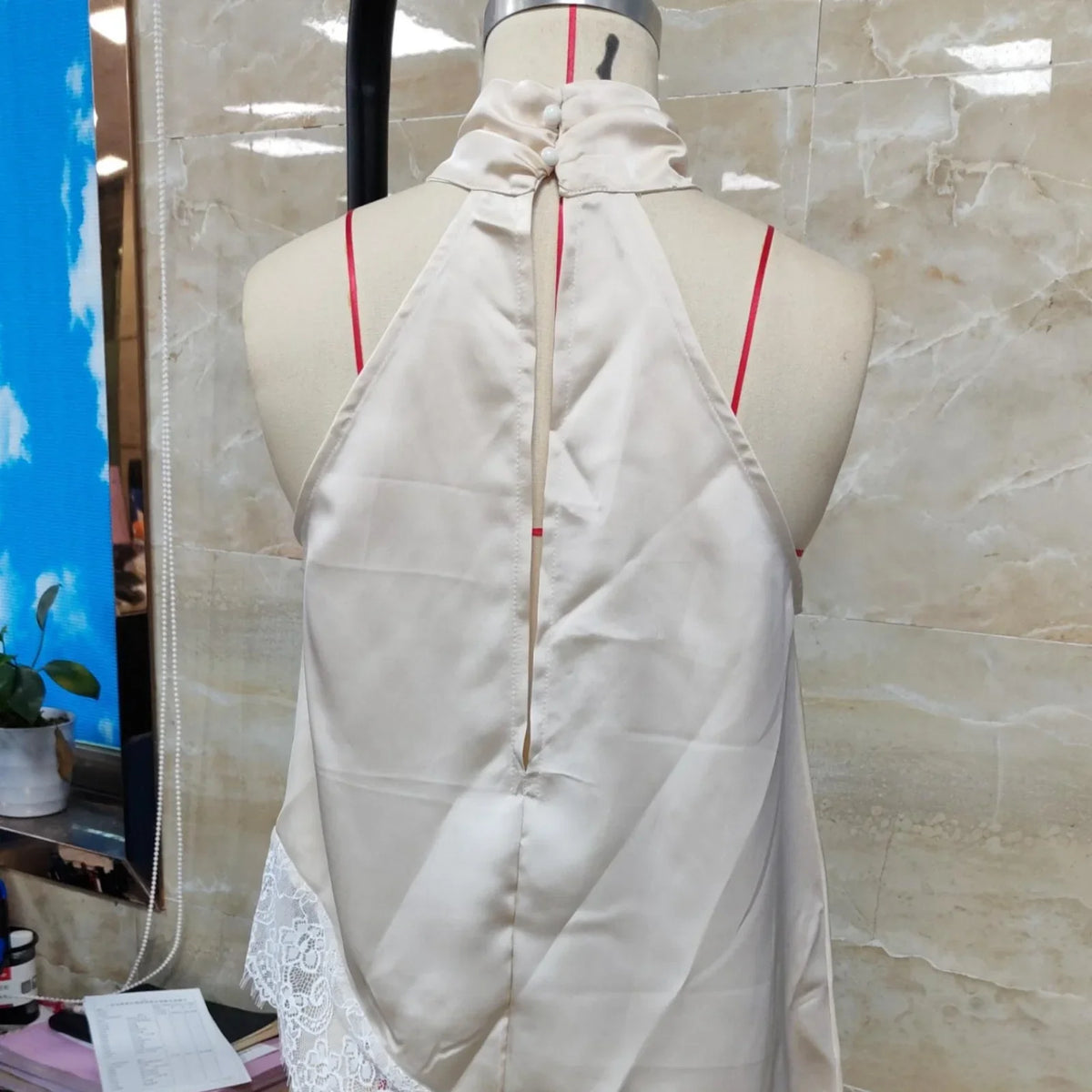 Solid Color Satin Halter Neck Vest for Women Summer Sleeveless Open Back Irregular Lace Hem Tank Tops