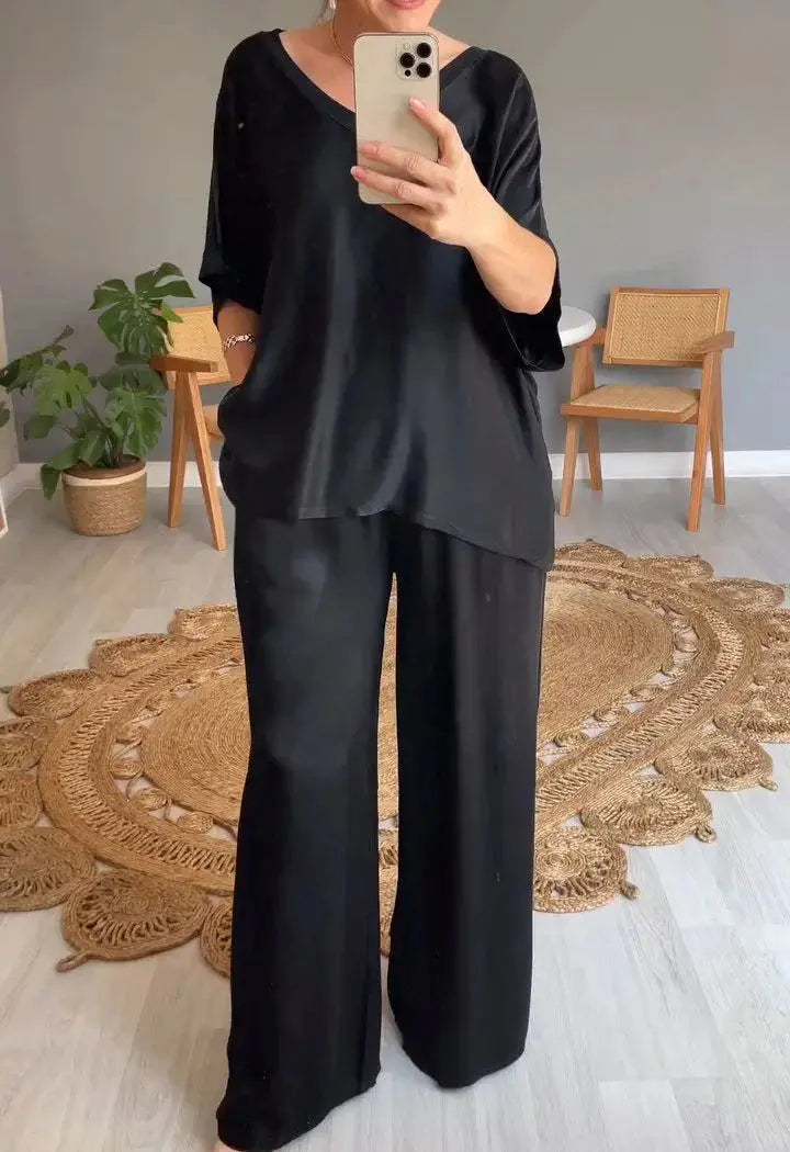Summer Short-sleeved T-shirt Two-piece Set For Women V-neck Top Pullover Wide-leg Pants Suit For Women Spring Loose Satin Suit