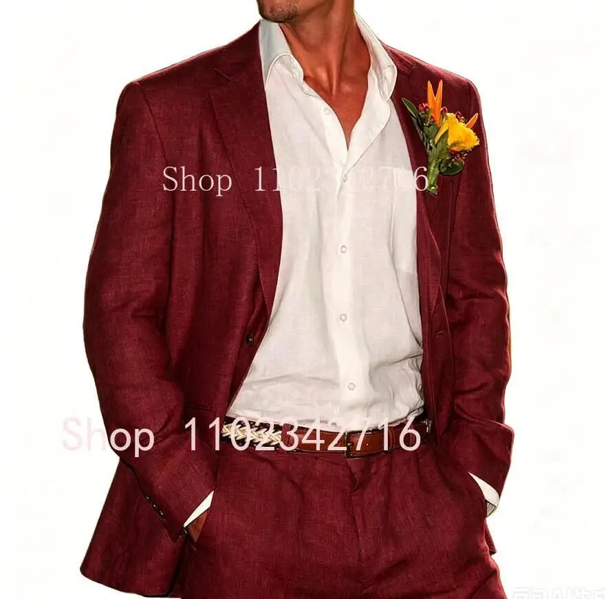 Beige Linen Men Suits 2 Pieces Beach Wedding American Style Jacket