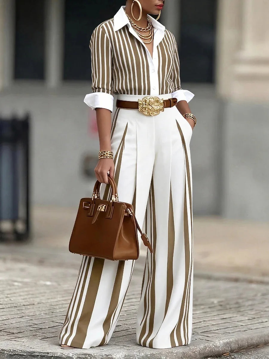 Spring Autumn Fashion Striped Printed Long Sleeve Shirt Women Suit Wide Leg Pocket Pants Female Office 2piece Set Including Belt