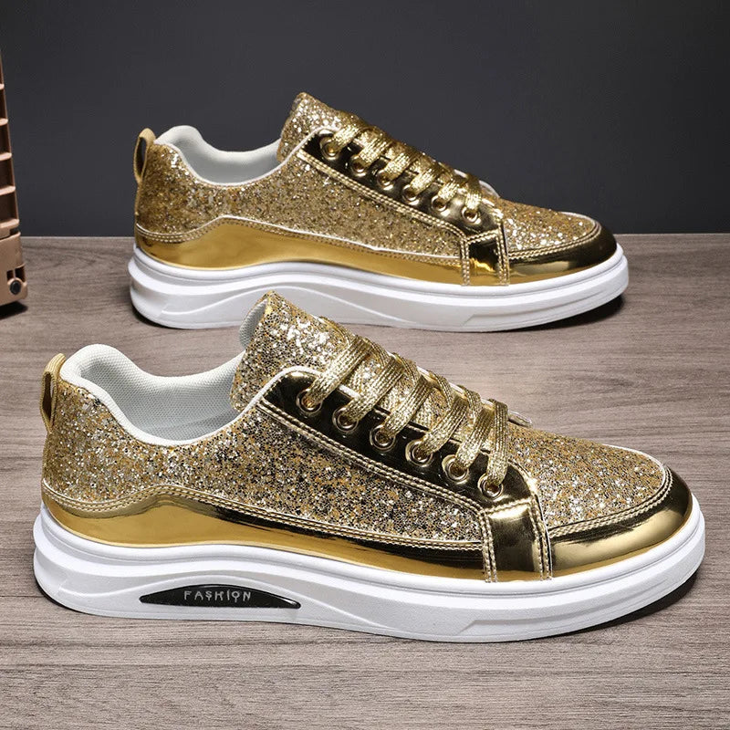 Mens Shoes Nightclubs Fashiona Sequins With Diamonds Golden Sneakers Trendy Low Top Sports Casual Shoes Large Size 39-46
