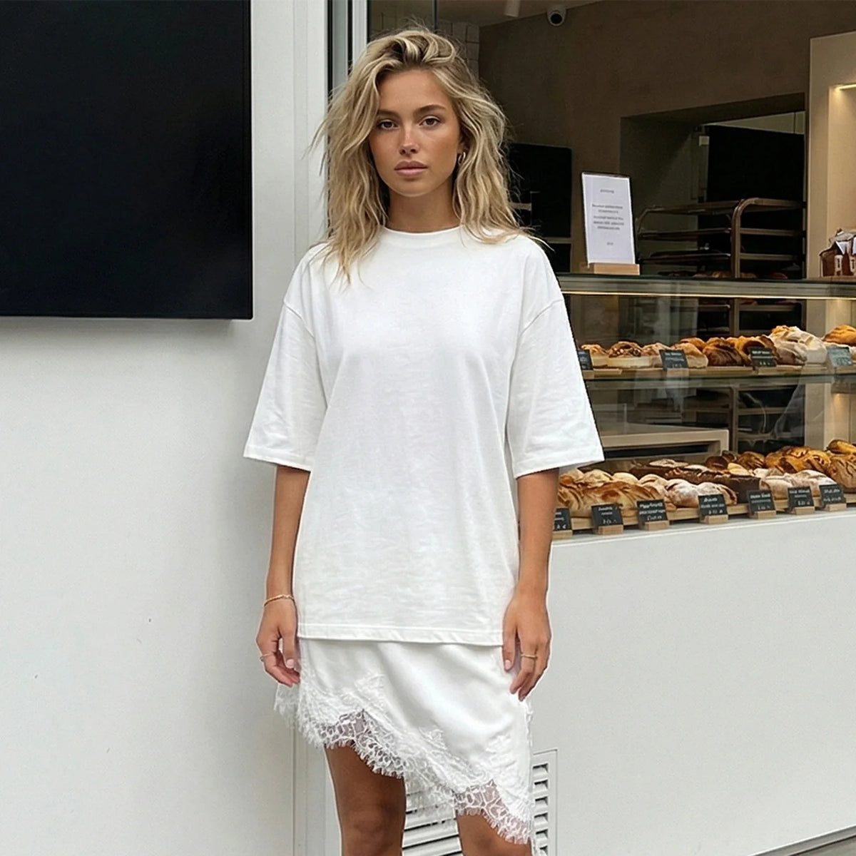 Women 3/4 Length Sleeve Crew Neck Casual Loose Fit Long Tops Summer Lace Patchwork Hem Solid Color T Shirts