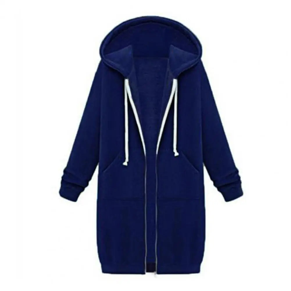 Women Sweatshirt Coat Hooded Adjustable Drawstring Long Sleeve Coat with Pockets Solid Color Mid-length Outerwear