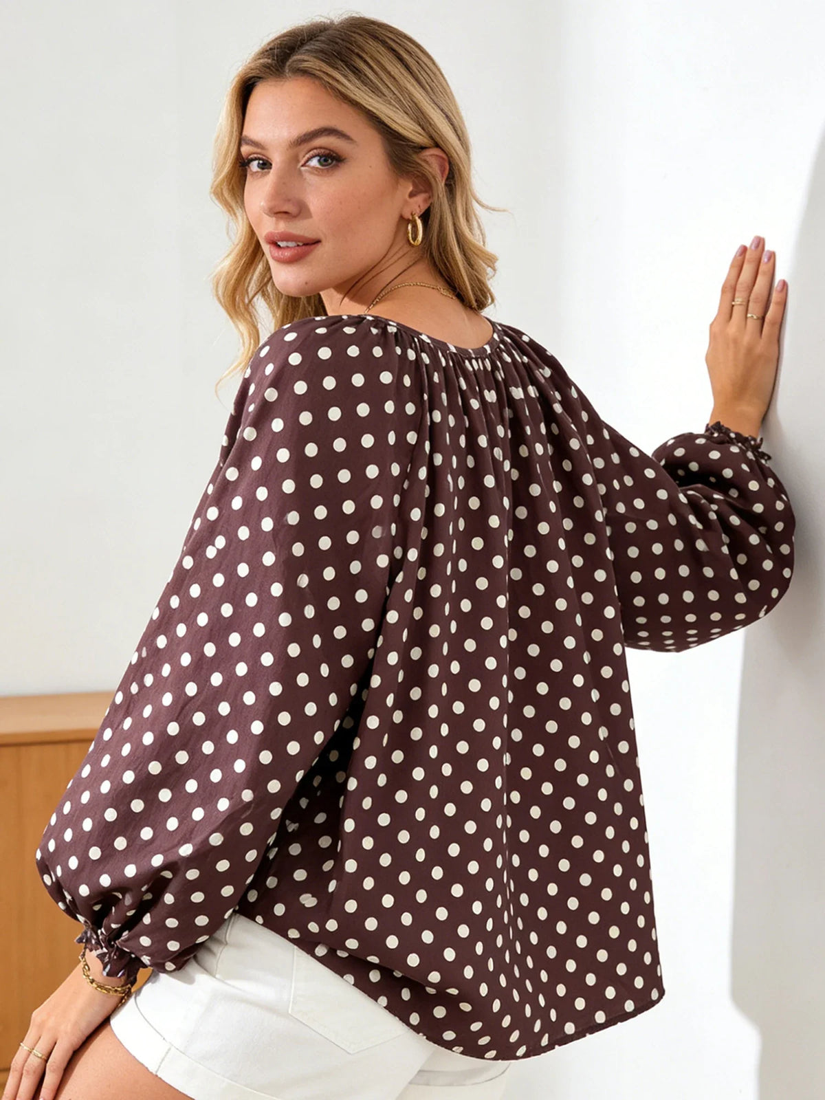 Women Puff Long Sleeve Crew Neck Spring Fall Tops Fashion Dot Print Casual Loose Fit Flowy Blouse