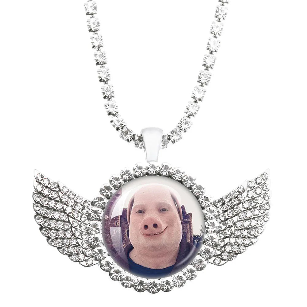 John Pork Is Calling Answer Call Phone Humor Funny Pig Lover Graphic The Moon Necklace Angel Wings Pendant Necklace Jewelry Gift
