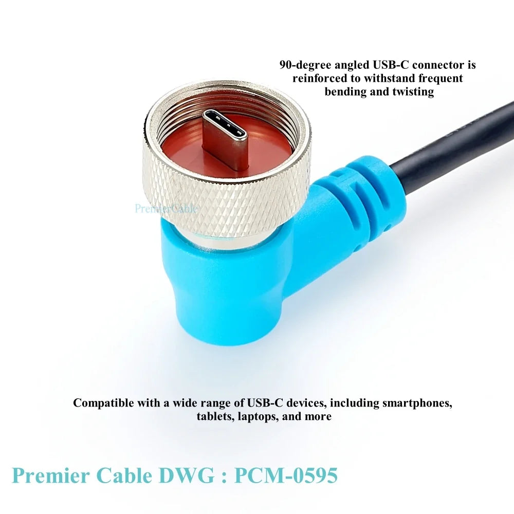 Rugged Waterproof USB C Cable 90 Degree Right Angled Ruggdized IP67 Type C Male to C Male 90 Degree Elbow Sealed USB C Cable