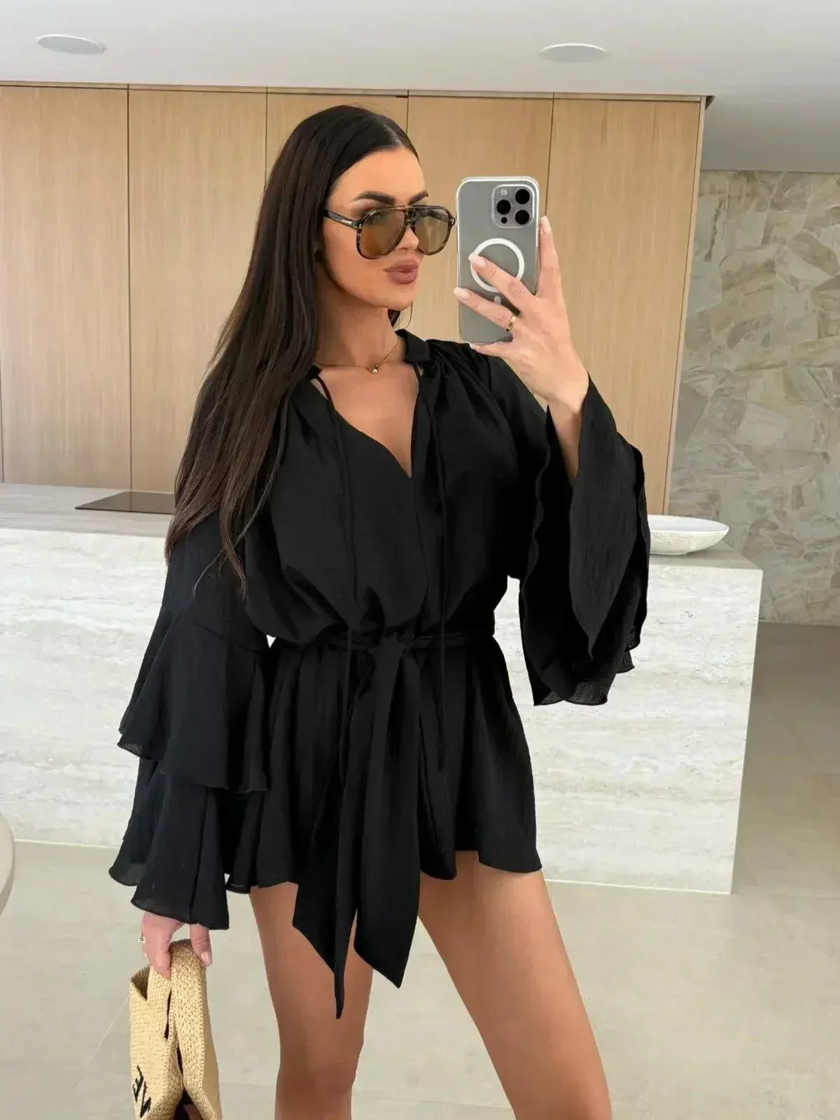 Elegant Fold Dress Women Brown Deep V-neck Long Sleeve Mini Dresses Female 2025 Spring Summer Fashion Loose Lady Vestidos