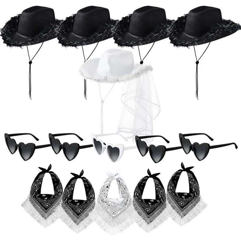 5-12Set Cowgirl Cowboy Hats Bachelorette Cowboy Hats for Bridal Shower Wedding Rhinestone Bandana Heart Glasses for Last Disco