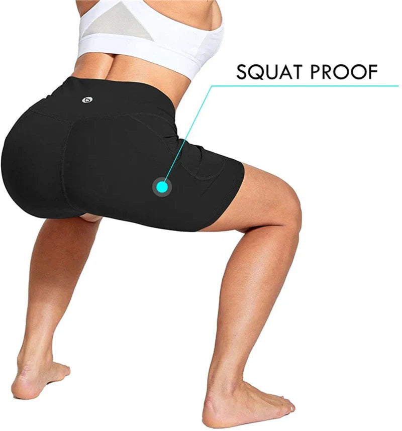 Pantalones cortos de yoga para mujer, de cintura alta y hasta la rodilla