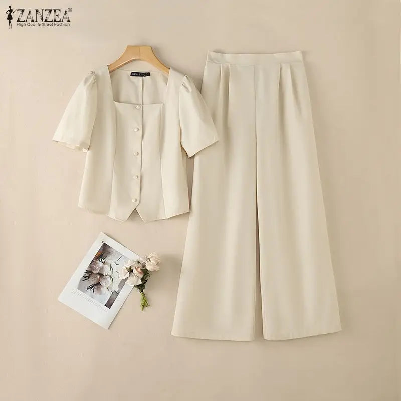 2PCS Women OL Work Outfits ZANZEA Summer Square Neck Short Sleeve Blouse Wide Leg Pant Sets Solid Color 2 Pieces Sets Tracksuit