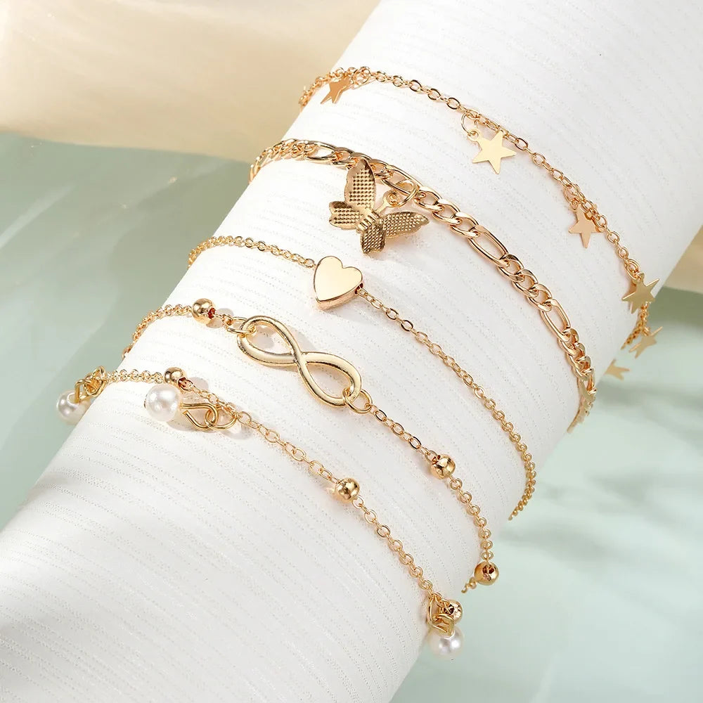 Bohemia Butterfly Anklet Set for Women Star Heart Pearl Charm Ankle