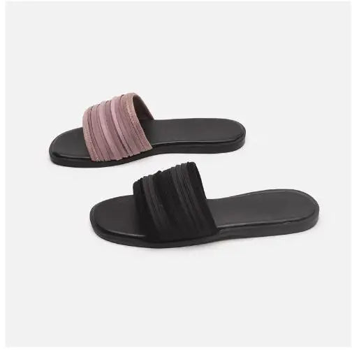 2025 Summer Flat Slippers Open Toe Beach Wearing Slides Pleated Women Shoes Black 35-40