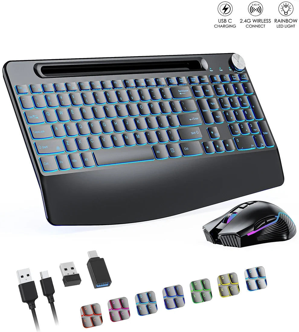 2.4G&Type-C Wireless Keyboard Mouse Combo with Wrist Rest,RGB Backlit,Silent Rechargeable Set for PC,Laptop,Window,Jiggler Mouse