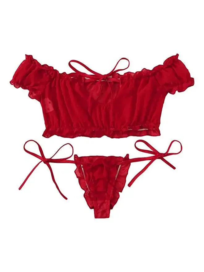 Porn Women Sexy Lingerie Off Shoulder Bralette Strapless Ruffles Bra and Panty Sets Female Transparent Underwear