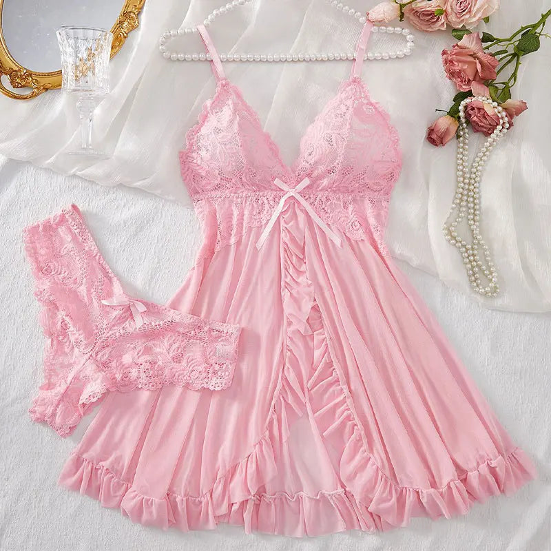 New Sexy Pink Lingerie Set Erotic Bra Nightdress Women Thong, Attractive, Breathable, Romantic Sexy Comfortable Sleepwear &Dress
