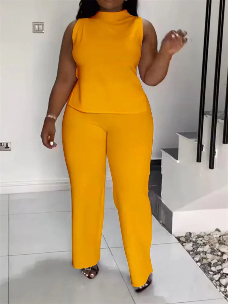 Solid Casual Tracksuit Women 2 Pieces Outfits Summer Sleeveless Side Split Top and Wide Leg Pants Sporty Fitness Matching Sets