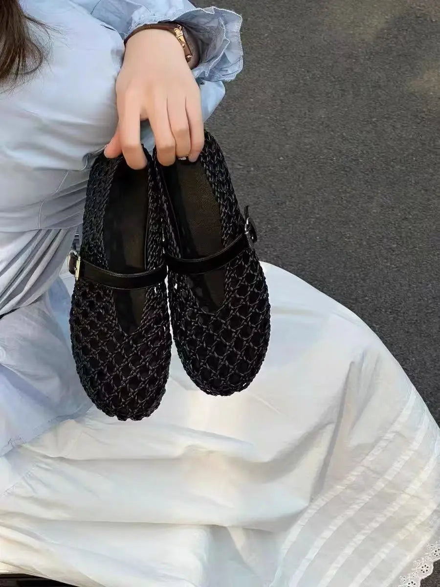 2026 Summer New Fashion Simple One-Buckle Vintage Flats for Women, Soft and Comfortable Ballet Shoes, Shallow Mouth Sandals