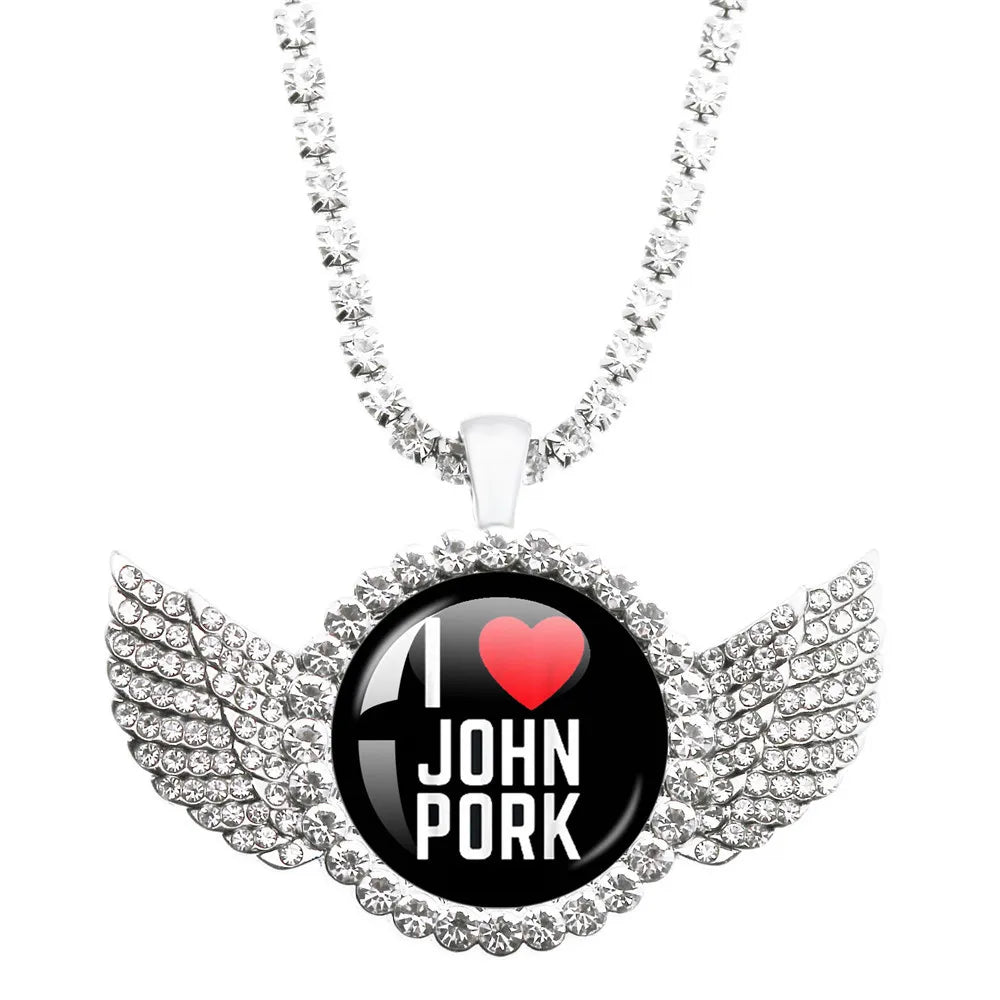John Pork Is Calling Answer Call Phone Humor Funny Pig Lover Graphic The Moon Necklace Angel Wings Pendant Necklace Jewelry Gift