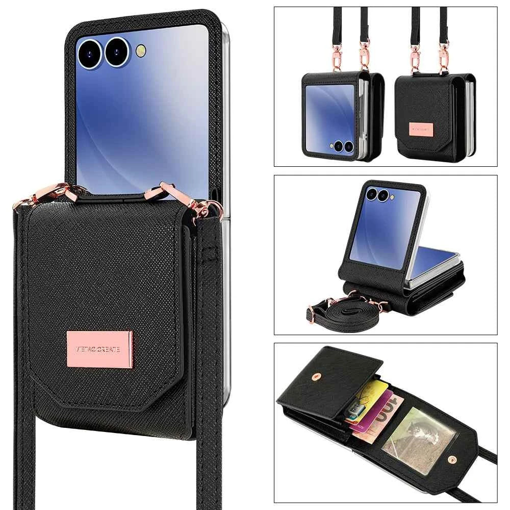 VIETAO Girls' PU Leather Z Flip 7 Card Wallet Phone Case With Crossbody Strap Compatible With Galaxy Z Flip 7 Flip6 Flip5 z4 z3