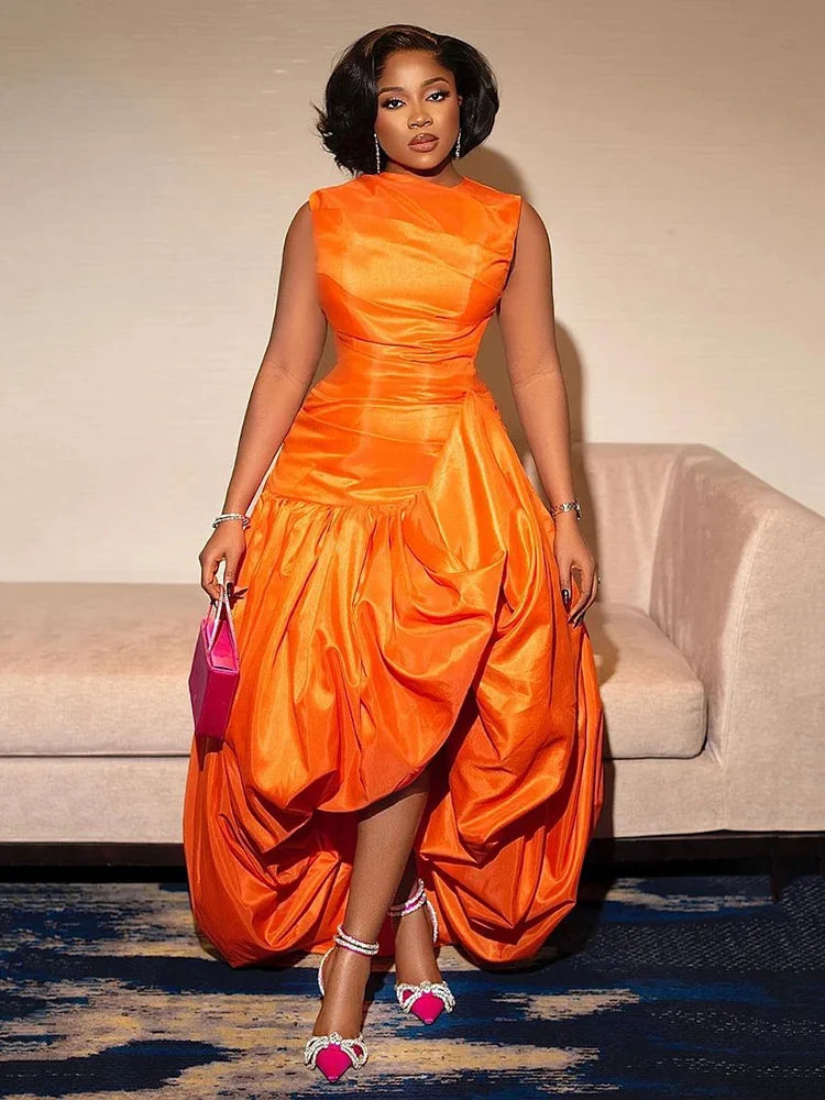 Women's Elegant Cinch Waist Cocktail Maxi Dress Orange Crew Neck Sleeveless High Waist Slim Chic Dinner Club Party Long Dresses